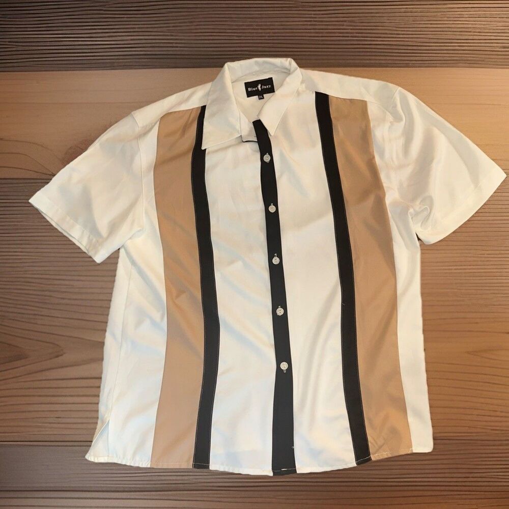 Blue Jazz Cruising Bowling Shirt Mens 2XL Button Striped Short Sleeve
